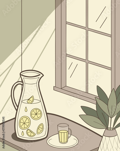 Lemonade pitcher near a window, with a plant