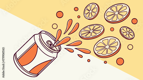 Refreshing orange soda can with splashes and slices