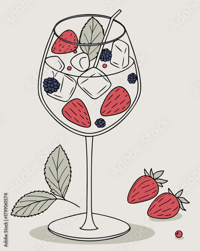 Refreshing summer drink with strawberry, ice and mint