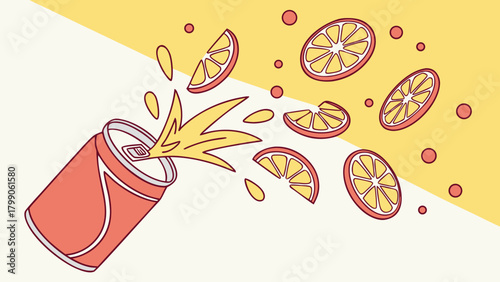 Refreshing orange soda can with fruit slices illustration