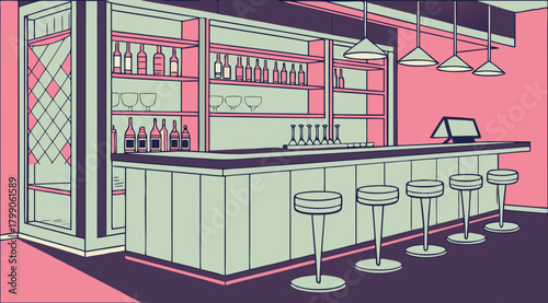 Stylish bar interior with bottles and stools