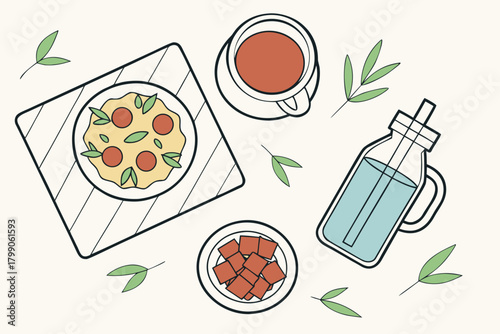 Delicious meal arranged with drink, illustration