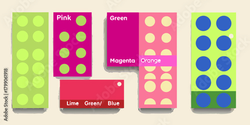 Abstract arrangement of colorful blocks with circles and labels representing different colors and shades
