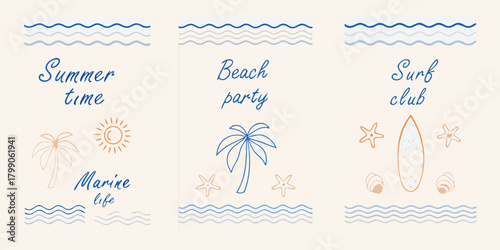 Summer beach party surf club and marine life with palm trees sun and waves