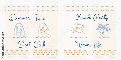 Charming hand drawn summer beach party and surf club illustrations with marine life elements