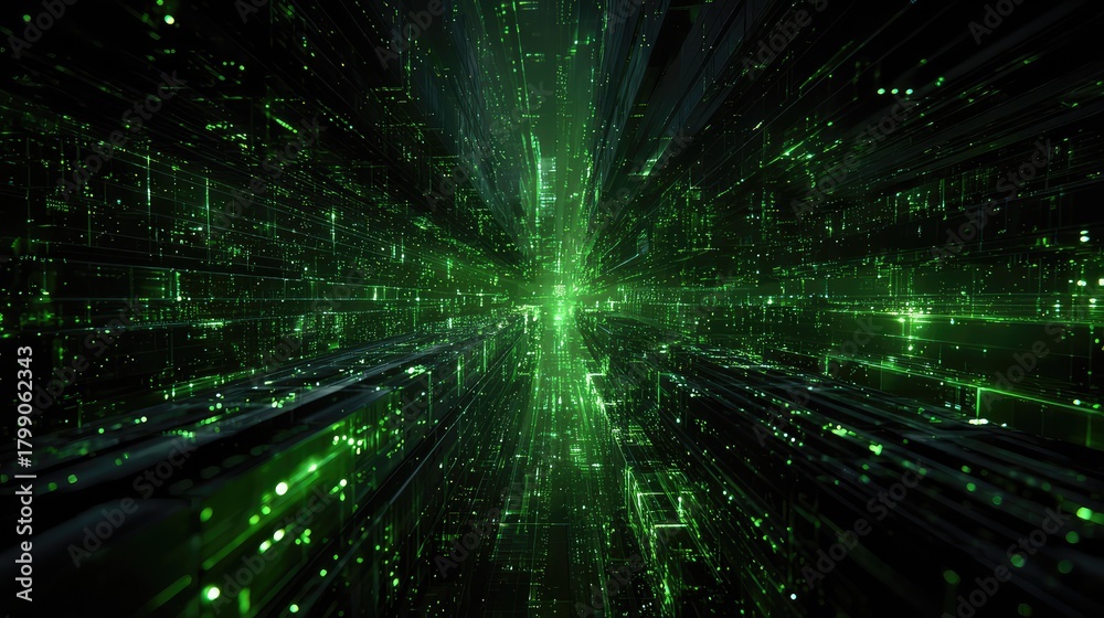 Obraz premium Flying through green digital data stream network