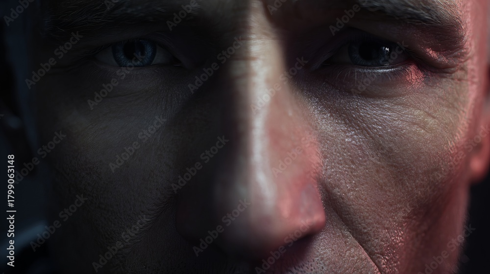 Naklejka premium Close-up portrait of an elderly Caucasian man, capturing intricate details of his skin and expressive eyes.
