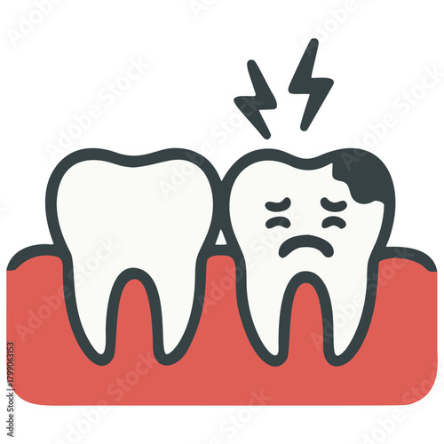 a healthy tooth beside a decayed, painful tooth in red gums, representing cavities, dental issues, and oral health problems