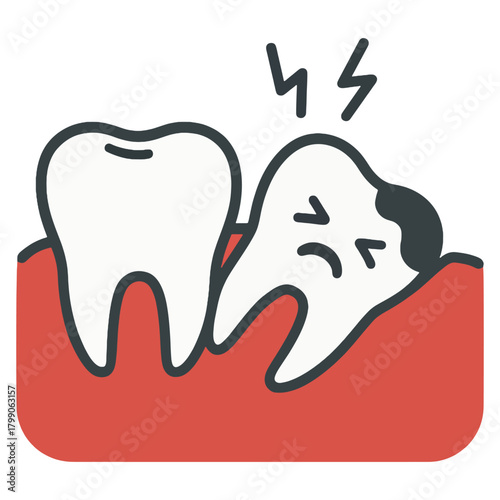 a decayed, painful wisdom tooth pushing against a healthy tooth inside red gums, symbolizing impaction and dental problems
