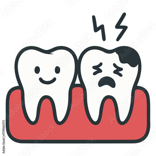 Healthy and Decayed Tooth Dental Problem Illustration showing a healthy tooth beside a decayed, painful tooth, representing dental cavities, oral hygiene issues, and dentistry concepts