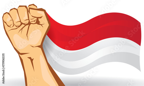 Indonesian national flag flutters in a clenched fist, Red white flag