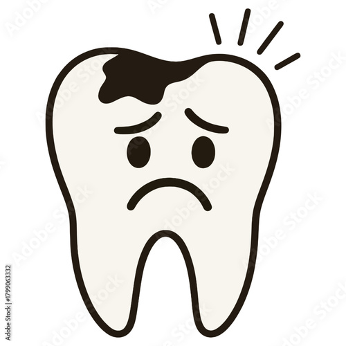 Sad Tooth with Severe Cavity Damage Illustration symbolizing dental decay, toothache, oral health problems, and hygiene issues