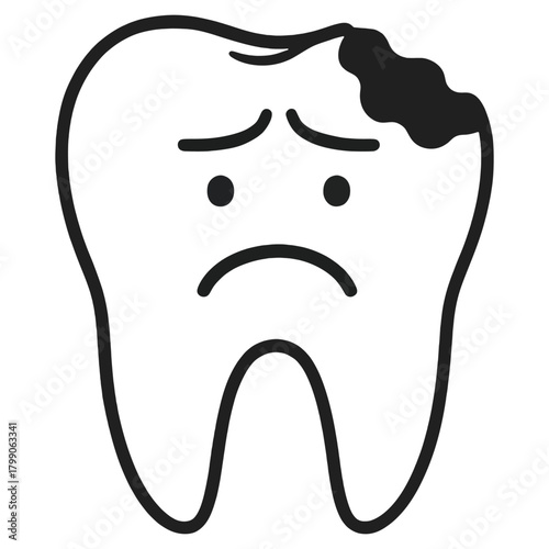 Sad Tooth with Cavity Dental Decay Illustration representing dental cavities, oral pain, poor hygiene, and tooth damage