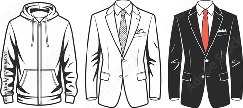 Hoodie and men’s suit jacket vector fashion templates, formal blazer mockup, clothing design outline set for apparel designers and garment illustration