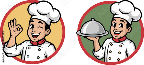 Smiling chef mascot cartoon icons showing OK gesture and serving food tray, restaurant cook character logo set, culinary vector illustration