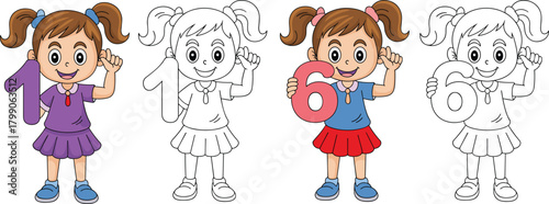 Cute girl holding numbers illustration for preschool counting and learning, colorful and outline versions, kids math education and coloring page vector