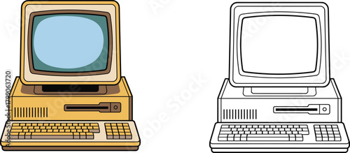 Retro vintage computer illustration with color and outline versions, old PC monitor and keyboard, classic technology, cartoon vector electronics design