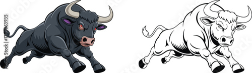 Charging bull illustration with dynamic pose, outline sketch and colored version, powerful animal artwork, printable coloring page, strong wildlife design