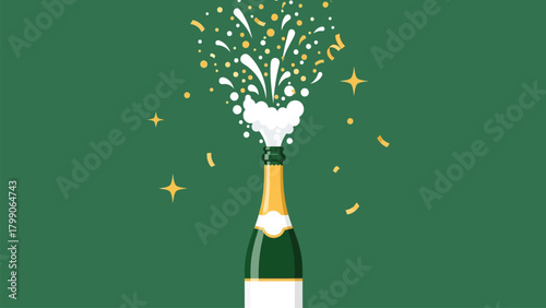 Flat Detailed Champagne Bottle Celebration with Confetti on Green Background