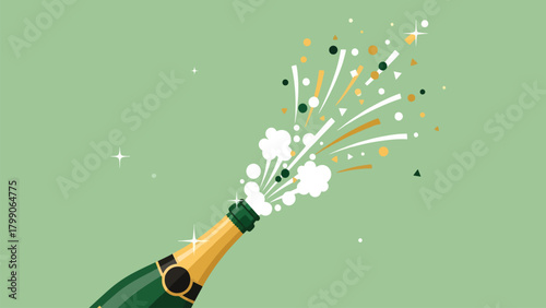 Stylish Celebration Exploding Champagne Bottle with Sparkling Confetti Illustration