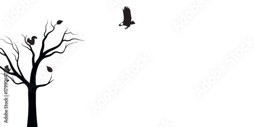 A black and white silhouette of two deer standing in front of a forest