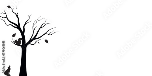 A black and white silhouette of two deer standing in front of a forest