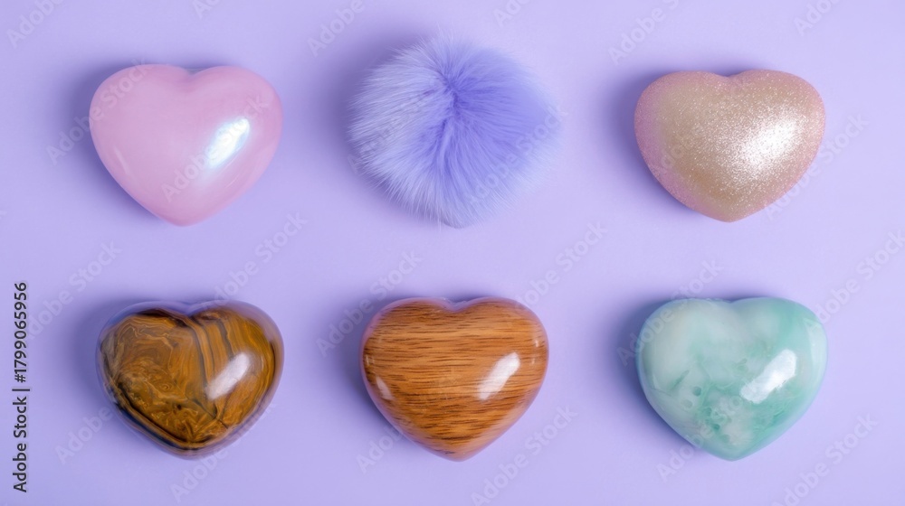 Obraz premium Six heart-shaped objects arranged in two rows against a purple background, featuring glossy pink, fluffy lavender,