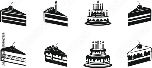 Collection of stylized black and white birthday cakes and cake slices