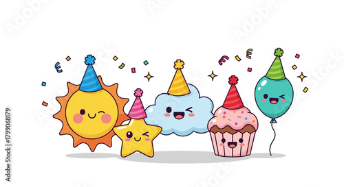 A cheerful group of kawaii characters, including a sun, star, cloud, cupcake, and balloon, all wearing colorful party hats and winking happily.