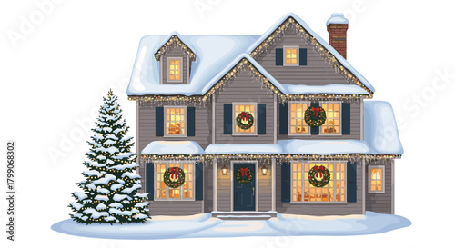 Charming home decorated for Christmas with snow-covered roof and lighted tree exudes holiday cheer and festive warmth for seasonal greetings