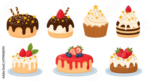Assortment of Deliciously Decorated Cakes and Cupcakes.
