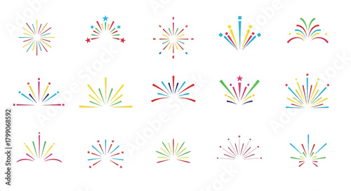 Collection of Colorful Fireworks Icons in Various Styles and Designs.