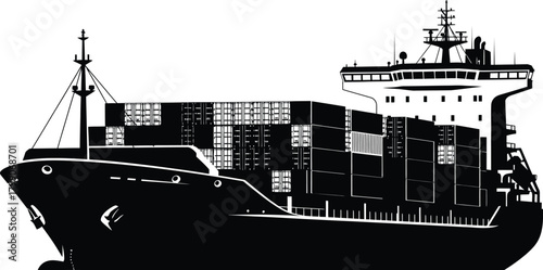 Large cargo ship silhouette carrying many containers at sea