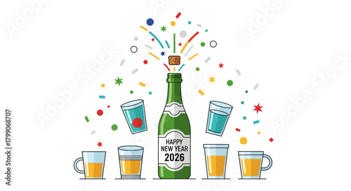 Festive Green Champagne Bottle Popping with Confetti and Drinks for New Year 2026 Celebration.