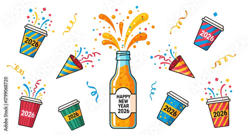 Festive New Years Eve Celebration with Exploding Bottle and Confetti.