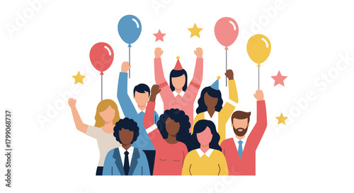 Excited group celebrating success with balloons and party hats, diverse team enjoying a cheerful moment together, perfect for corporate events