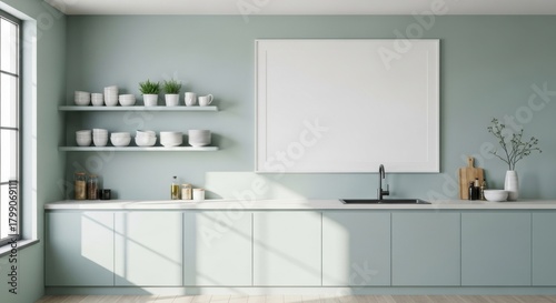 Minimalist kitchen interior with pastel green walls and clean white cabinetry with open shelving