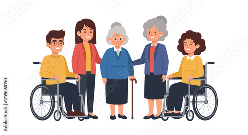 Diverse group showing compassion and support for elderly, disabled people while promoting inclusivity and community care initiatives