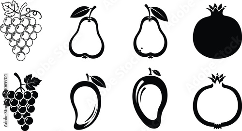 Collection of hand drawn black and white fruit icons in a grid pattern on a white background