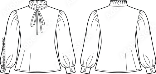 Ruffled Neck Blouse Flat Sketch – Front and Back Views with Bow Tie Detail