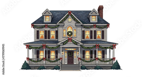 Dreamy home decorated for Christmas with wreaths and bows, perfect for holiday cards or festive designs and creating a warm, inviting feel