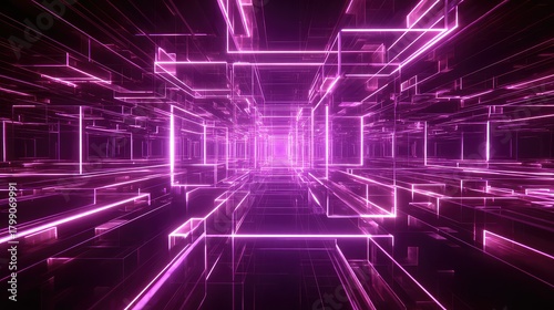 Fototapeta Naklejka Na Ścianę i Meble -  Abstract technological tunnel with glowing neon lines