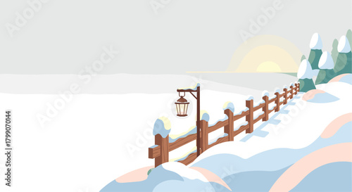 Enchanting snowy winter landscape with rustic wooden fence and lantern under soft pastel sky, evoking peaceful holiday season getaway vibes