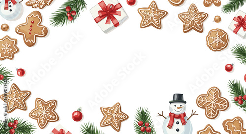 Stunning Christmas cards or festive invitations with this delightful border of gingerbread cookies, ornaments, and seasonal cheer