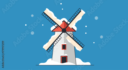 Dreamy winter scene with snow falling on a charming windmill against a blue backdrop evoking a sense of peace and holiday cheer for the season