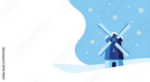 Charming blue windmill in winter wonderland scene with falling snowflakes creating cozy holiday spirit in a whimsical landscape design