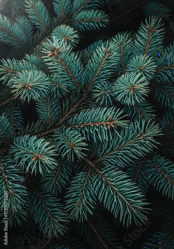Dark Moody Evergreen Spruce Branches Close Up Winter Background