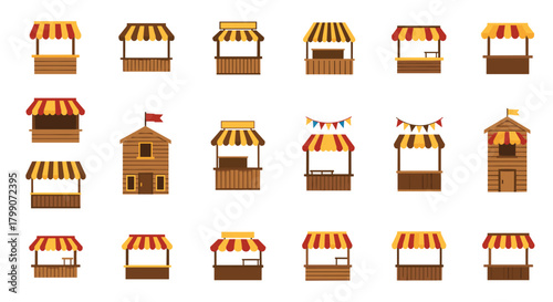 Charming market stall illustrations for your creative projects, perfect for adding a touch of whimsical flair and retro design elements today