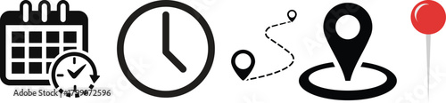 Vector art of a set of date, time, and address icons isolated on white background, representing calendar appointments, clock times, and location markers for navigation