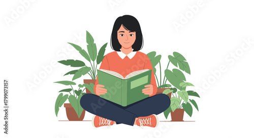 Relaxed woman reading a captivating book surrounded by lush green houseplants, enjoying a peaceful moment of learning and tranquility indoors
